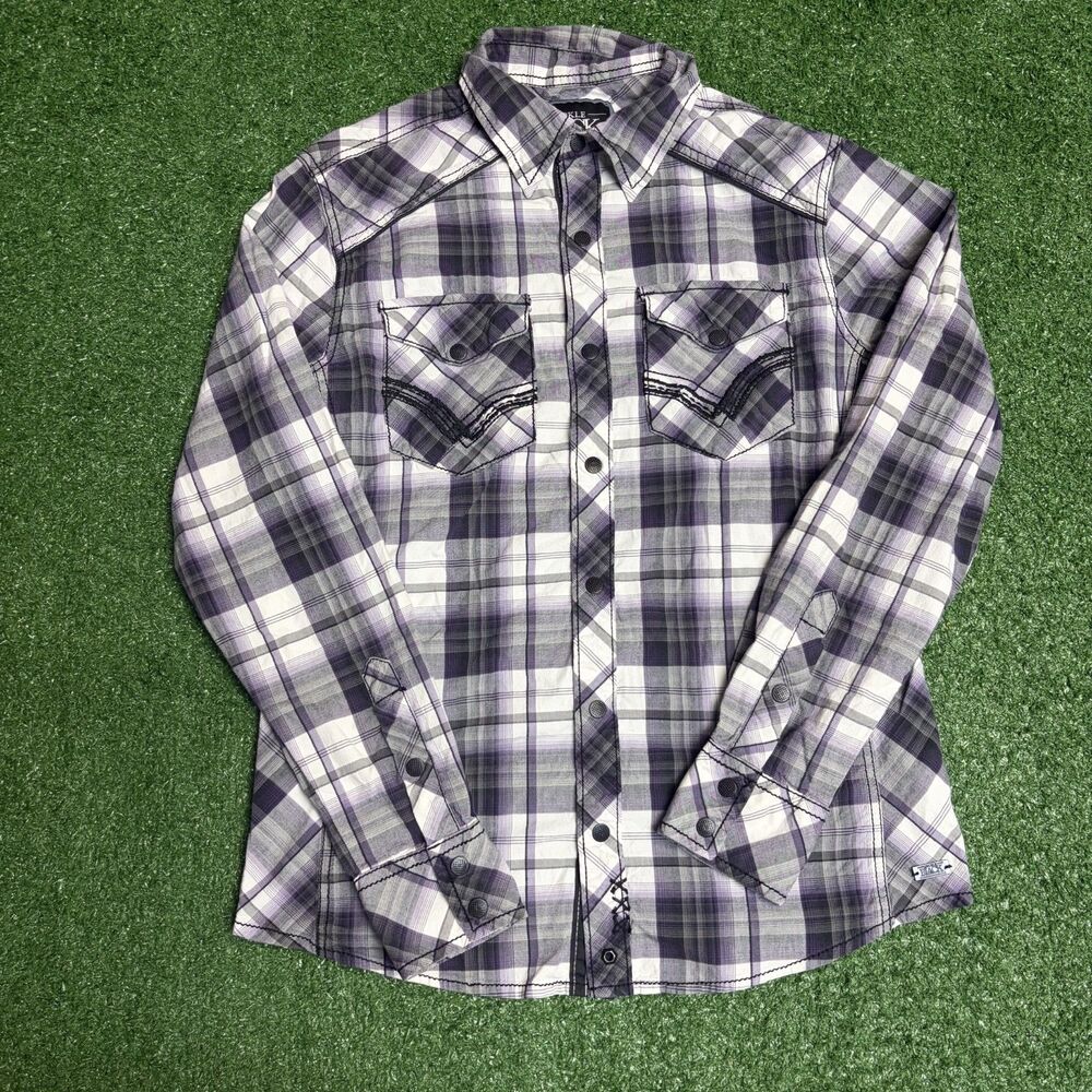 BKE Men’s Small Plaid Button‑Down Shirt Black Purple Western Snap Casual